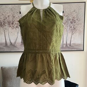 Olive Eyelet Halter Peplum Camisole Top